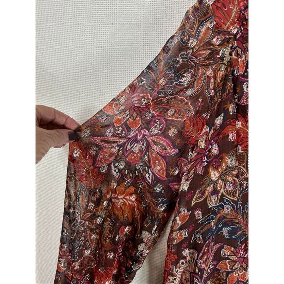 LOFT Metallic Floral Blouse Brown Red Sheer Boho Fall Top Long Sleeve Lined L - Picture 10 of 16
